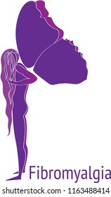 Fibromyalgia Awareness. Purple woman silhouette  with heavy  purple butterfly wings, symbol of fibromyalgia, chronic pain, chronic fatigue syndrome and broken dreams
