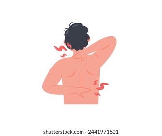 Fibromyalgia disease. Pain and sensitivity in the muscles that spreads. aching feeling all over the body. a man felt pain from his neck to his waist. health problems. cartoon illustration design