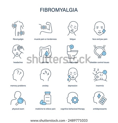 Fibromyalgia symptoms, diagnostic and treatment vector icons. Medical icons.