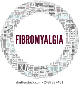 Fibromyalgie Wort Wolke konzeptuelles Design isoliert auf weißem Hintergrund.