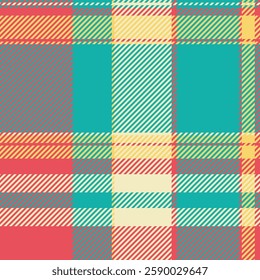 Fibrous texture check background, rich tartan seamless pattern. Graph fabric textile plaid vector in teal and red colors palette.