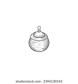 Pozo ficticio, hecho a mano con yeso, sopa, salsa, carne cocinada en negro aislado en fondo blanco. Ilustración de esbozo de vector dibujado a mano en estilo de contorno vintage grabado con doodle.