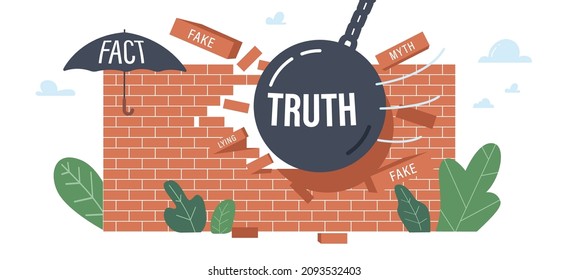 Fiction Authenticity Research and Checking, Myths and Facts Information Accuracy Concept Word Fact Written on Umbrella, Heavy Ball of Truth Demolishing Fake News Wall. Cartoon Vector Illustration