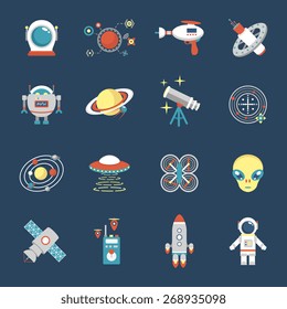 Fiction icon set with aliens space shuttle cyborg weapons isolated vector illustration