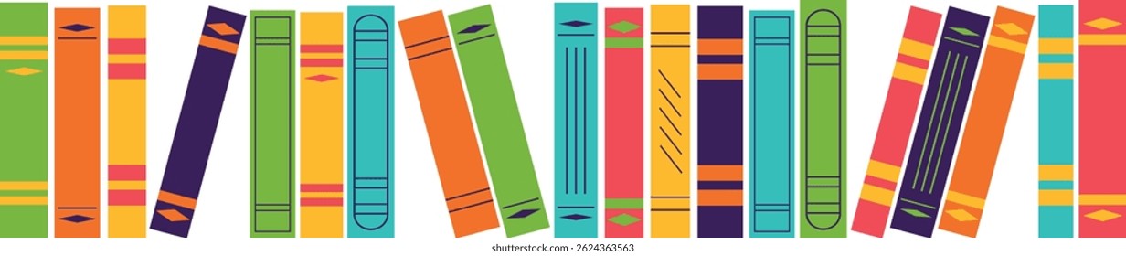 Ficção. Fileira de livros de cores diferentes. Ilustração vetorial isolada em estilo plano.