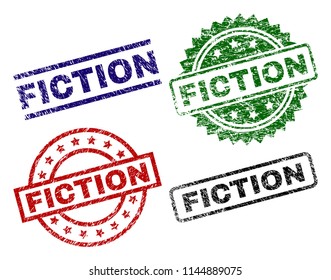 FICTION seal prints with damaged style. Black, green,red,blue vector rubber prints of FICTION caption with dust style. Rubber seals with circle, rectangle, medal shapes.