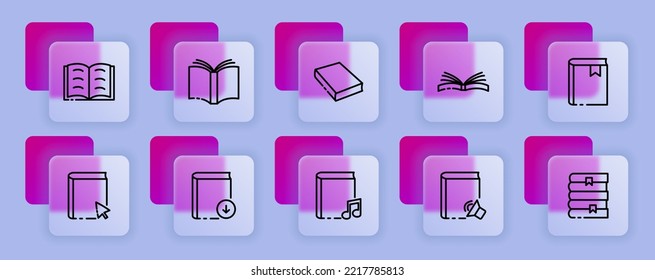 Fiction set icon. Book, writer, scroll, letter, e book, education, learning, story, fairy tale, literature, inspiration, lamp, occupation. Reading concept. Glassmorphism style. Vector line icon