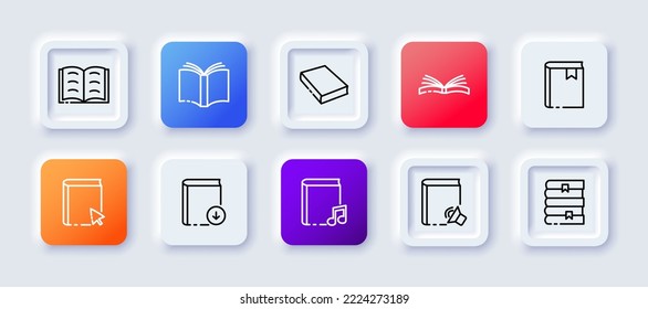 Fiction set icon. Book, writer, scroll, letter, e book, computer, story, fairy tale, literature, inspiration, lamp, read, hobby, occupation. Reading concept. Neomorphism style. Vector line icon