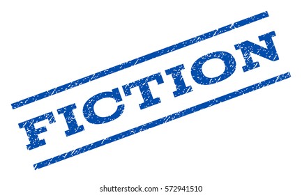 Fiction watermark stamp. Text tag between parallel lines with grunge design style. Rotated rubber seal stamp with scratched texture. Vector blue ink imprint on a white background.