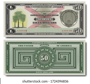 Fictional 50 US dollars dedicated to Alabama and Latin motto We dare defend our rights. Head of black bear and trees. Seal. Variant two