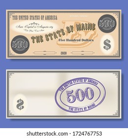 Fictional $ 500 dedicated to the state of Maine. Guilloche patterns in orange. Purple seal EPS10