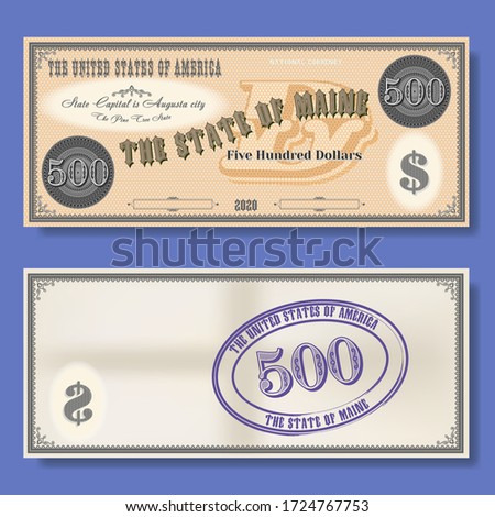 Fictional $ 500 dedicated to the state of Maine. Guilloche patterns in orange. Purple seal EPS10