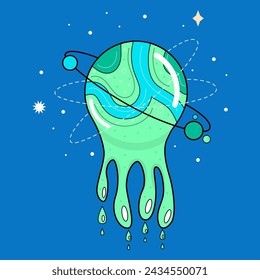 Fictional abstract colorful planet with ring and planet on blue background. Green and blue bright colors. Space object in surrealistic cartoon style. Illustration for print on T-shirt, posters.