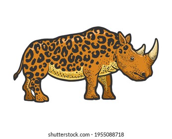 fictional animal rhinoceros leopard color sketch engraving vector illustration. T-shirt apparel print design. Scratch board imitation. Black and white hand drawn image.