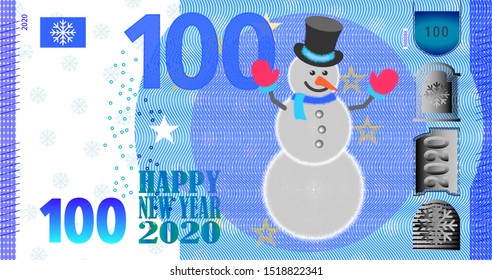 Fictional banknote with a fluffy snowman and the inscription Happy New Year 2020