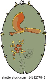 Fictional bird and plants in a decorative frame
