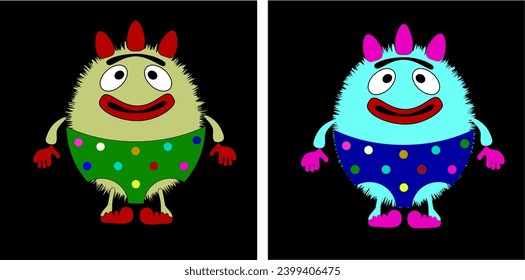 Caricatura ficticia llamada Chucha. Colección. Ilustración en un fondo negro. Vector.