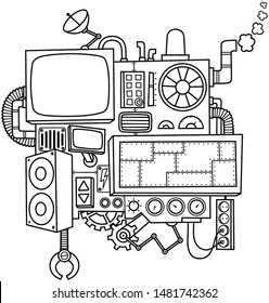 Fictional cartoon machine in black and white for coloring.