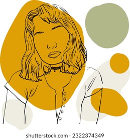 Carácter ficticio. Línea continua, dibujo de rostros y peinado, concepto de moda, mujer belleza minimalista, ilustración vectorial para camiseta, diseño de slogan estilo gráfico impreso