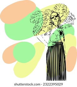 Fictional character. Continuous line, drawing of set faces and hairstyle, fashion concept, woman beauty minimalist, vector illustration for t-shirt, slogan design print graphics style