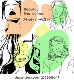 Fictional character. Continuous line, drawing of set faces and hairstyle, fashion concept, woman beauty minimalist, vector illustration for t-shirt, slogan design print graphics style