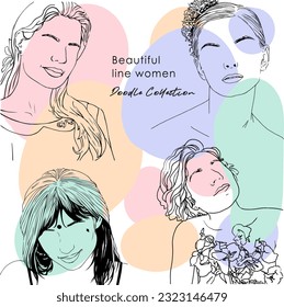 Carácter ficticio. Línea continua, dibujo de rostros y peinado, concepto de moda, mujer belleza minimalista, ilustración vectorial para camiseta, diseño de slogan estilo gráfico impreso