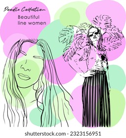 Fictional character. Continuous line, drawing of set faces and hairstyle, fashion concept, woman beauty minimalist, vector illustration for t-shirt, slogan design print graphics style