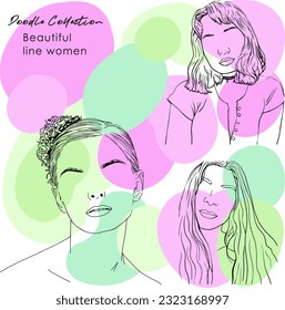Carácter ficticio. Línea continua, dibujo de rostros y peinado, concepto de moda, mujer belleza minimalista, ilustración vectorial para camiseta, diseño de slogan estilo gráfico impreso