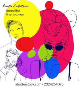 Fictional character. Continuous line, drawing of set faces and hairstyle, fashion concept, woman beauty minimalist, vector illustration for t-shirt, slogan design print graphics style