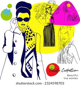 Fictional character. Continuous line, drawing of set faces and hairstyle, fashion concept, woman beauty minimalist, vector illustration for t-shirt, slogan design print graphics style