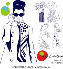 Fictional character. Continuous line, drawing of set faces and hairstyle, fashion concept, woman beauty minimalist, vector illustration for t-shirt, slogan design print graphics style