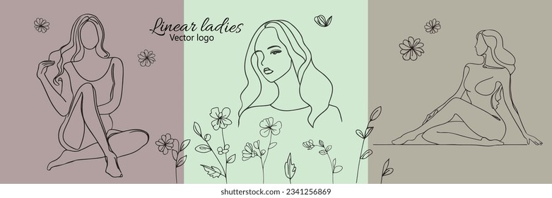 Fictional character. Continuous line, drawing of set faces and hairstyle, fashion concept, woman beauty minimalist, vector illustration for t-shirt, slogan design print graphics style