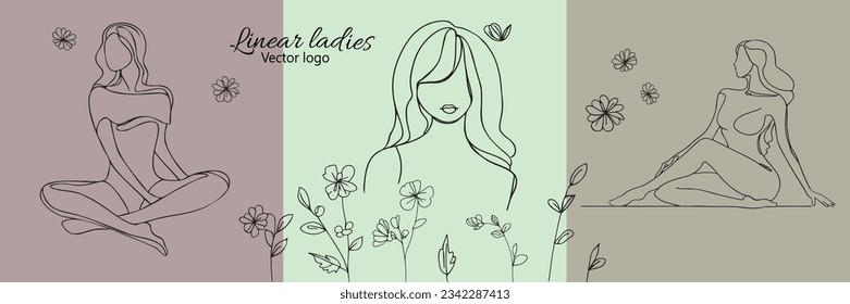 Fictional character. Continuous line, drawing of set faces and hairstyle, fashion concept, woman beauty minimalist, vector illustration for t-shirt, slogan design print graphics style