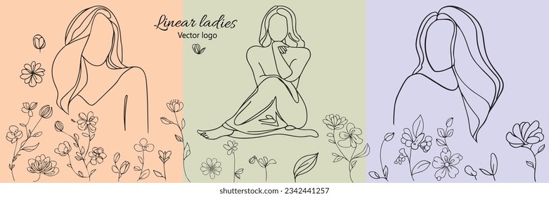 Fictional character. Continuous line, drawing of set faces and hairstyle, fashion concept, woman beauty minimalist, vector illustration for t-shirt, slogan design print graphics style