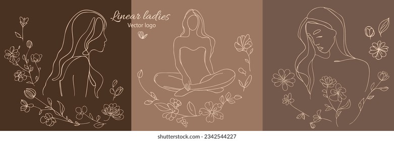 Fictional character. Continuous line, drawing of set faces and hairstyle, fashion concept, woman beauty minimalist, vector illustration for t-shirt, slogan design print graphics style