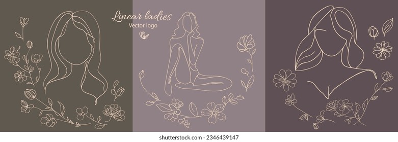 Fictional character. Continuous line, drawing of set faces and hairstyle, fashion concept, woman beauty minimalist, vector illustration for t-shirt, slogan design print graphics style