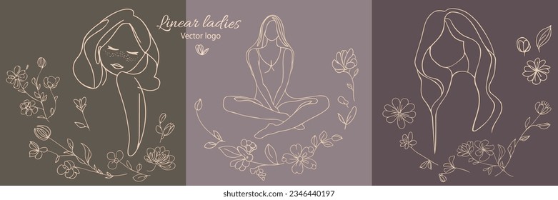 Fictional character. Continuous line, drawing of set faces and hairstyle, fashion concept, woman beauty minimalist, vector illustration for t-shirt, slogan design print graphics style