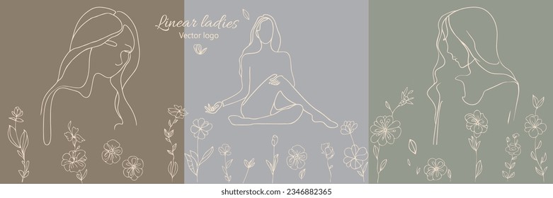 Fictional character. Continuous line, drawing of set faces and hairstyle, fashion concept, woman beauty minimalist, vector illustration for t-shirt, slogan design print graphics style