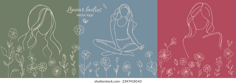 Fictional character. Continuous line, drawing of set faces and hairstyle, fashion concept, woman beauty minimalist, vector illustration for t-shirt, slogan design print graphics style