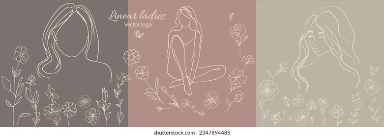 Fictional character. Continuous line, drawing of set faces and hairstyle, fashion concept, woman beauty minimalist, vector illustration for t-shirt, slogan design print graphics style