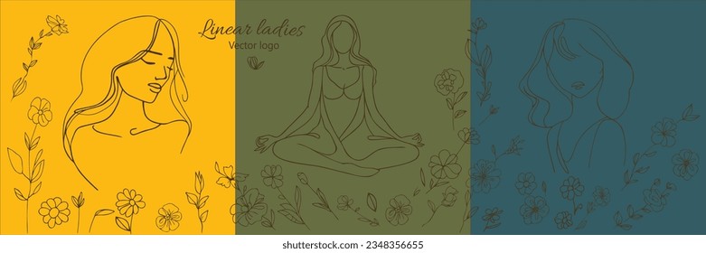 Fictional character. Continuous line, drawing of set faces and hairstyle, fashion concept, woman beauty minimalist, vector illustration for t-shirt, slogan design print graphics style