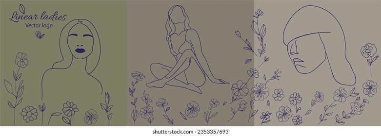 Fictional character. Continuous line, drawing of set faces and hairstyle, fashion concept, woman beauty minimalist, vector illustration for t-shirt, slogan design print graphics style