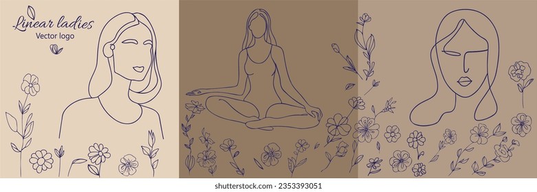 Fictional character. Continuous line, drawing of set faces and hairstyle, fashion concept, woman beauty minimalist, vector illustration for t-shirt, slogan design print graphics style
