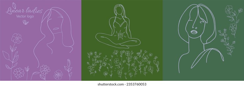 Fictional character. Continuous line, drawing of set faces and hairstyle, fashion concept, woman beauty minimalist, vector illustration for t-shirt, slogan design print graphics style