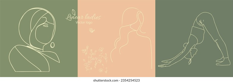 Fictional character. Continuous line, drawing of set faces and hairstyle, fashion concept, woman beauty minimalist, vector illustration for t-shirt, slogan design print graphics style