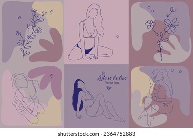 Fictional character. Continuous line, drawing of set faces and hairstyle, fashion concept, woman beauty minimalist, vector illustration for t-shirt, slogan design print graphics style