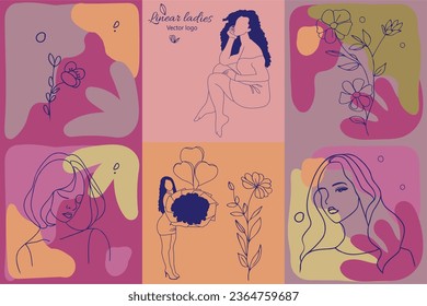 Fictional character. Continuous line, drawing of set faces and hairstyle, fashion concept, woman beauty minimalist, vector illustration for t-shirt, slogan design print graphics style