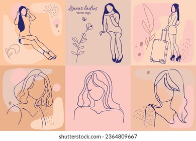 Carácter ficticio. Línea continua, dibujo de rostros y peinado, concepto de moda, mujer belleza minimalista, ilustración vectorial para camiseta, diseño de slogan estilo gráfico impreso