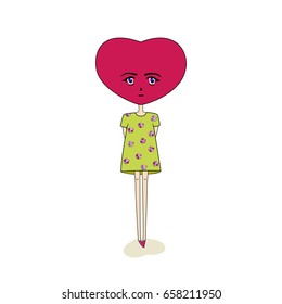 A fictional character with a head in the shape of a heart, standing in a green dress. Vector illustration. Isolated white background.