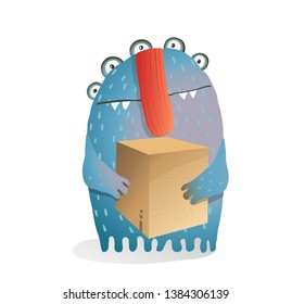 Fictional Character Holding a Cardboard Box. Delivery funny monster fictional cartoon character in watercolor style.